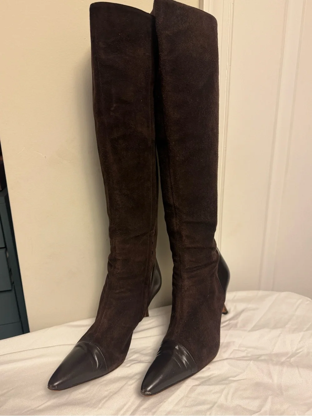 Manolo Blahnik Dark Brown Suede Over‑The‑Knee Pointed Toe Boots